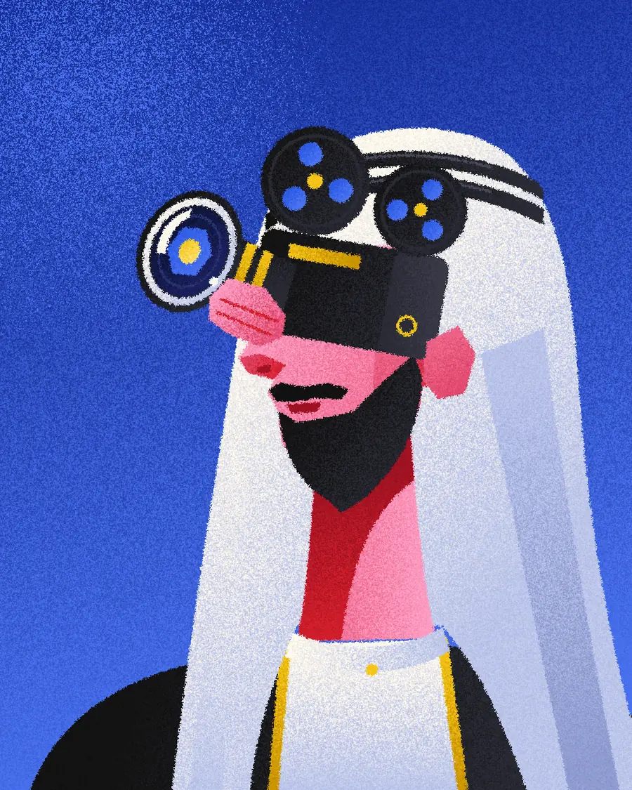Illustration: a Kuwaiti director in a white ghutra filming with a vintage camera whose lens is the AI LENS aperture