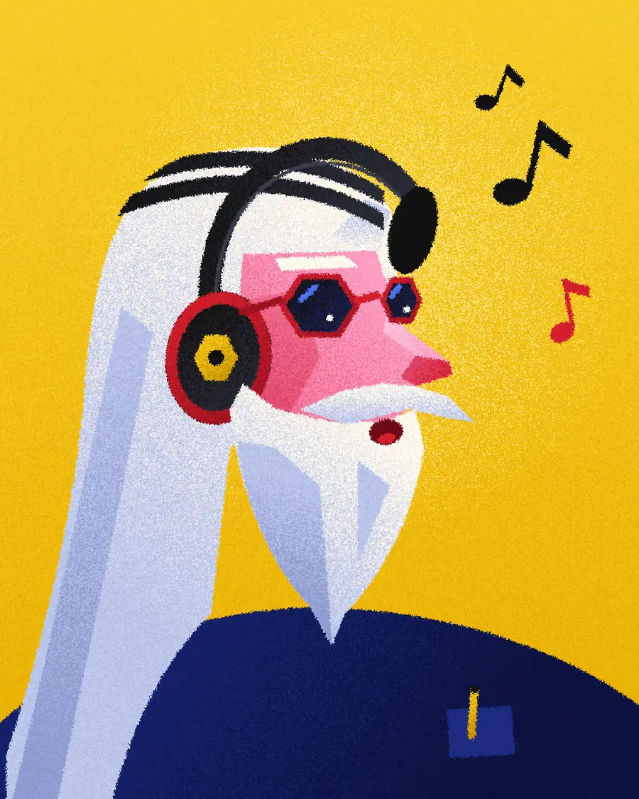 Illustration: a Kuwaiti grandpa with a white beard, hexagon sunglasses and big headphones, singing