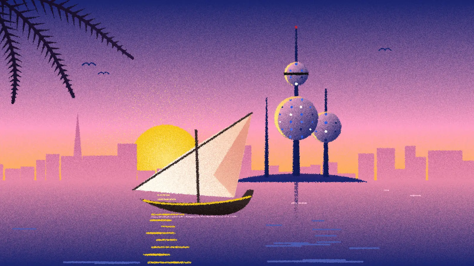 Kuwait Towers at sunset with a dhow
